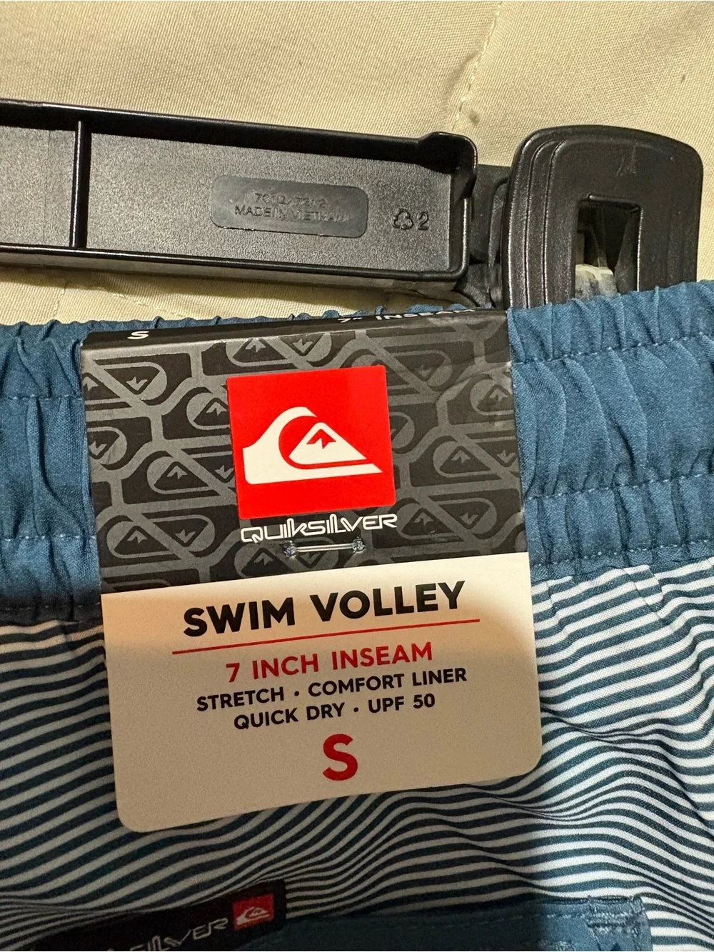 Quiksilver Light Blue Striped Swim Trunks with Navy Trim